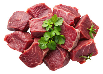 Obraz premium Freshly Cut Beef Cubes Ready for Cooking Delicious Meal Preparation