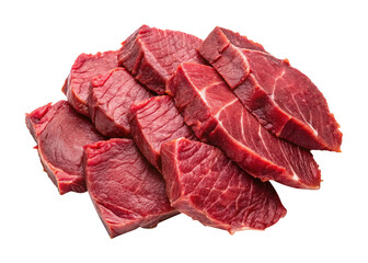 Fototapeta premium Closeup view of several pieces of raw red beef steak isolated on white background