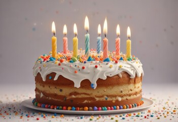 Ten lit candles, colorful sprinkles adorn a rich, frosted birthday cake , sugar, pink