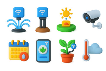 3D icon set of gardening automation: smart sprinkler, soil moisture sensor, sunlight tracker, garden camera, watering schedule icon, app-based control, plant monitor, climate check.