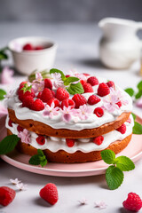 Fresh Raspberry Layer Cake with Whipped Cream and Edible Flowers. Vertical, side view.
