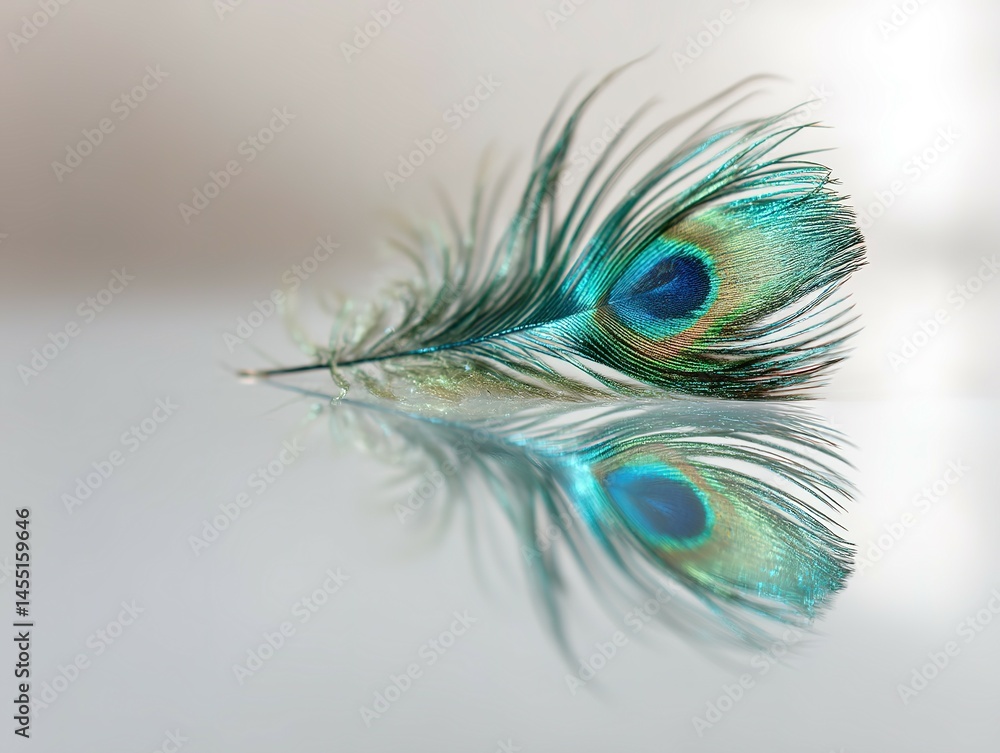 Poster a delicate peacock feather and its reflection on a smooth surface.