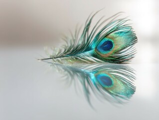 Obraz premium A delicate peacock feather and its reflection on a smooth surface.