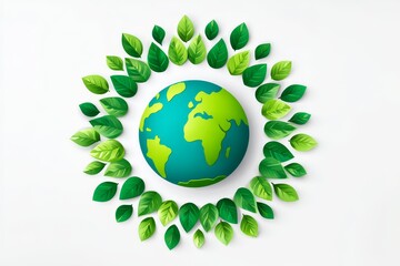 Green earth surrounded by lush leaves representing sustainable environment and ecology