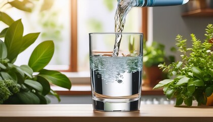 an image showcasing water being poured into a glass in a well lit kitchen area with plants around emphasizing cleanliness and a refreshing lifestyle