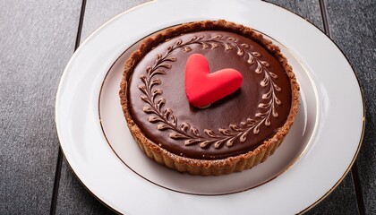 elegant chocolate tart with heart decoration on a white plate
