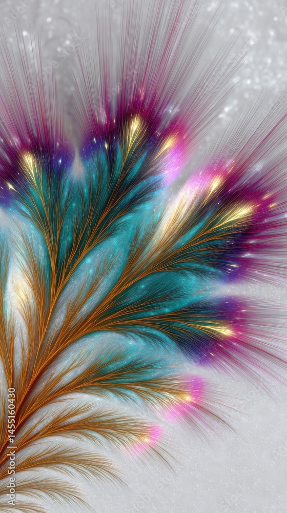 Poster abstract fractal rendering features glowing turquoise, magenta, and golden brown elements radiating 