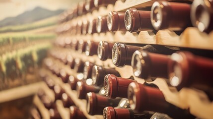 Rustic wine cellar with wooden racks and bottles in vineyard setting