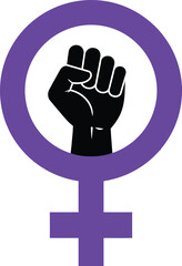Obraz premium Feminist symbol with raised black fist inside purple female gender icon representing womens empowerment and equality vector illustration 