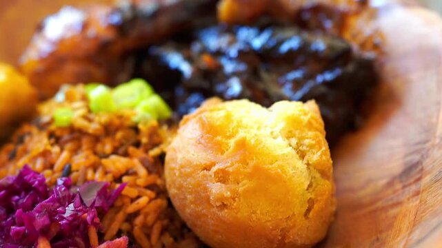 Caribbean rum honey chicken, Jamaican fried dumpling and fried sweet plantain