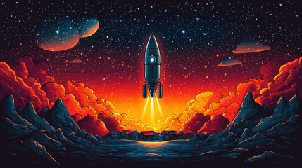 Fototapeta premium Rocket Launch Over Alien Landscape