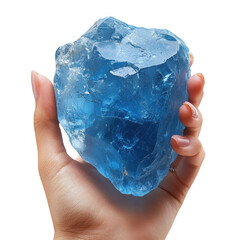 Aquamarine crystal raw gemstone mineral specimen held in human hand close up on transparent background