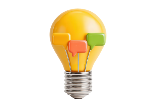 Creative light bulb design featuring colorful chat bubbles symbolizing ideas and communication, perfect for discussions about innovation and brainstorming sessions