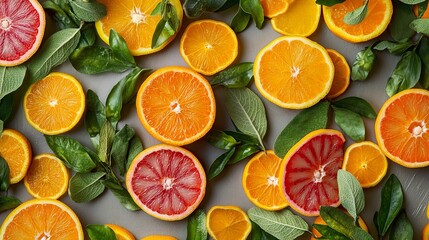 Vibrant citrus fruit slices with fresh green leaves background red food life pink diet ripe juicy