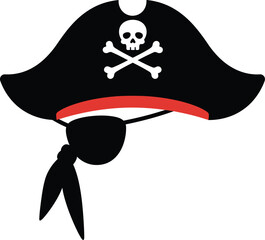 Pirate hat with skull and crossbones symbol and red trim vector illustration for costume and adventure themes 