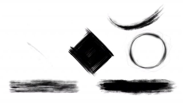 Set of 7 hand drawn grunge paint brush stroke elements on a transparent alpha channel. Black doodle scribble charcoal square, circle, sketch flying lines.