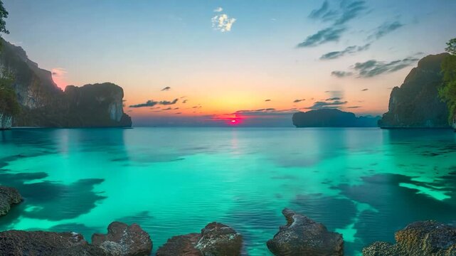 Turquoise sea landscape at sunset with lush green landforms and colorful sky