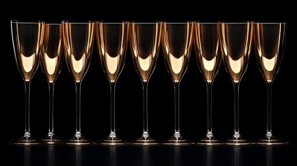 Eight champagne flutes in a horizontal row against a dark background.