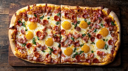 Delicious homemade rectangular pizza with sunny side up eggs, crispy bacon, melted cheese, tomato sauce, fresh herbs, served on rustic wooden table