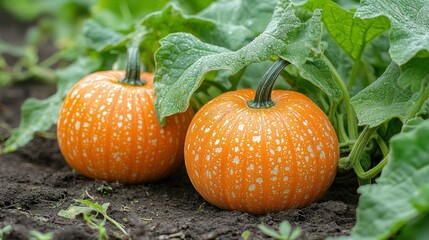 Obraz premium Two small, speckled pumpkins nestled amongst lush green leaves in rich soil