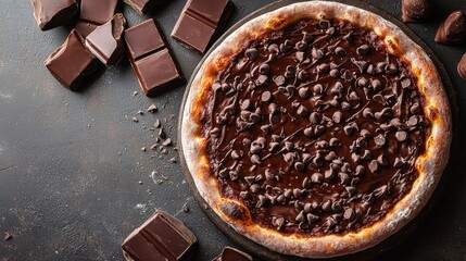 Delicious chocolate pizza with melted chocolate chips and square chocolate pieces on dark background perfect for dessert or sweet treat