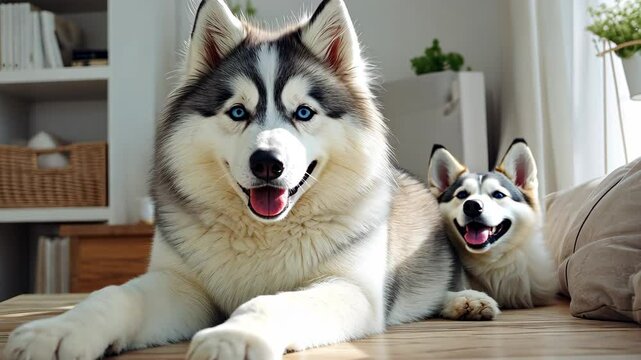 Siberian Huskies in Comfort: Two stunning Siberian huskies with striking blue eyes lie comfortably in a sunlit, interior setting, radiating a sense of contentment and companionship.