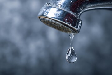 A single drop of water hangs from a metallic faucet, reflecting light against a blurry gray background.  The image evokes a sense of scarcity and preciousness.