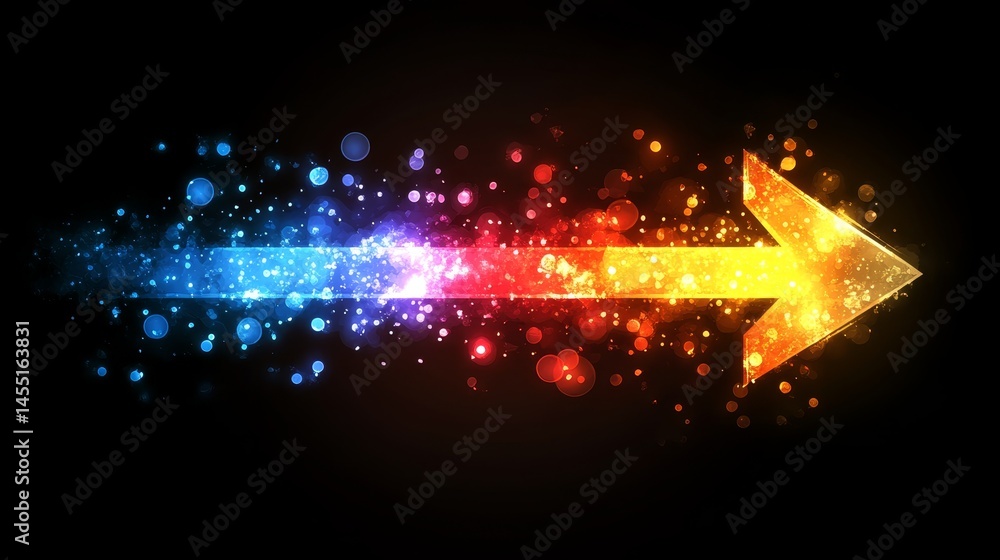 Poster glowing gradient arrow with colorful sparkle effect on black background