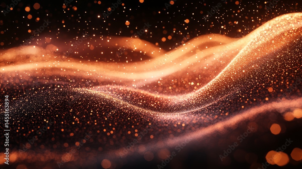 Poster glowing abstract waveform with sparkling particles in warm tones
