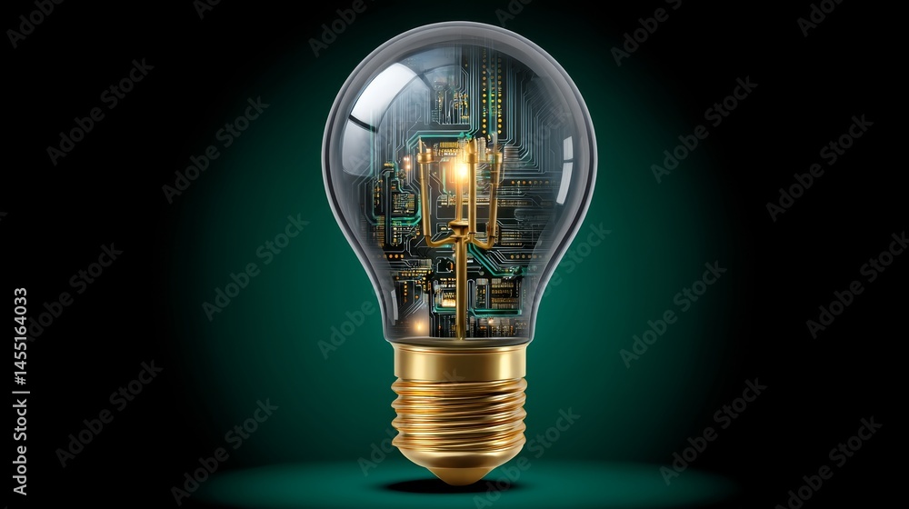Poster futuristic light bulb with intricate circuitry on dark background