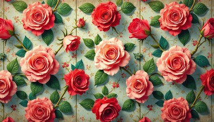 Fototapeta premium Intricate repeating rose pattern on vintage wallpaper, pattern, seamless