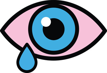 Obraz premium Human eye with blue iris and pink sclera shedding a single tear vector illustration simple design 