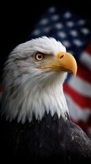Obraz premium Detailed profile of a bald eagle with sharp eye, yellow beak, white feathers, and the national flag of the United States in the background.