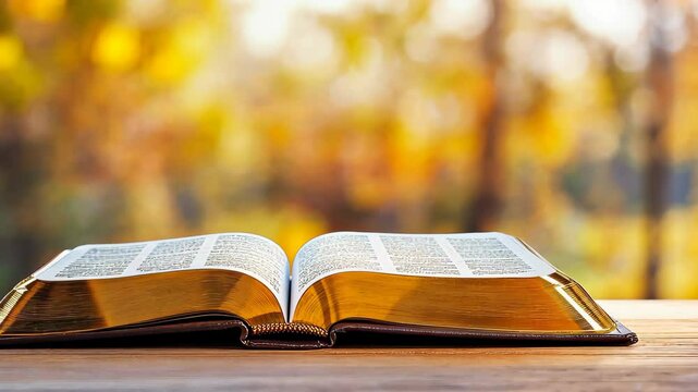 The Holy Scripture: An open book of scriptures, displayed on a table with bright sunlight. Capturing spiritual significance with open pages.