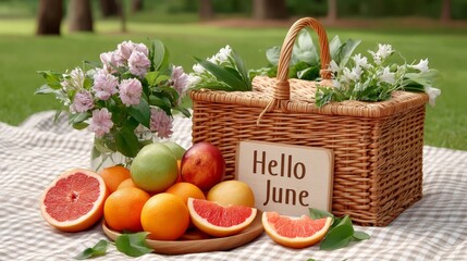 Summer picnic scene with fresh fruits, flowers, and welcome june sign in park