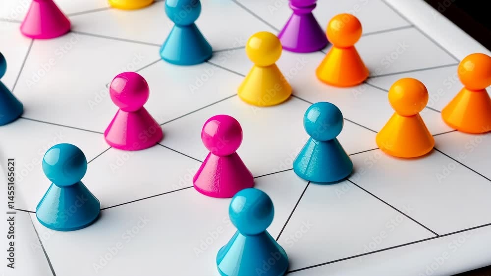 Aufkleber interconnected strategy: a network of colorful game pieces linked by an intricate web, showcasing th