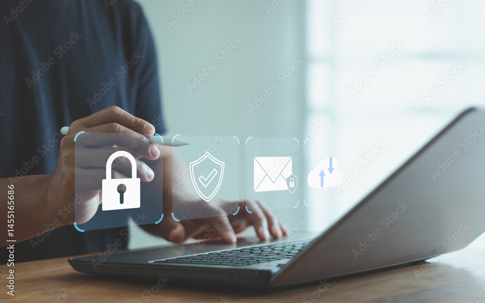 Leinwandbilder businessman using laptop with cyber security icon on virtual screen. cyber insurance, insurance that