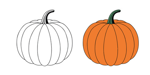 pumpkin isolated on white background. Pumpkin Bright Orange Flat Design with Green Stem for Autumn & Halloween