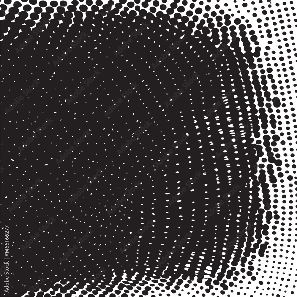 Poster a dark circular form dominates a textured background of numerous small dots.