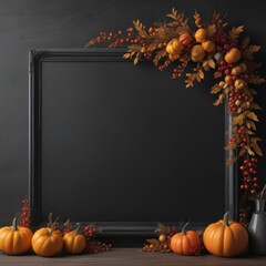 Elegant black chalkboard frame with perfectly arranged pumpkins, fall leaves and berries ,  photography,  clean,  stylish