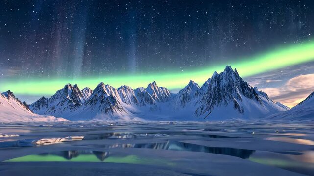 Arctic Aurora: A breathtaking panorama of a snow-covered mountain range under the vibrant glow of the aurora borealis, reflecting on a frozen lake.