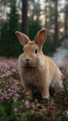 Fototapeta premium A cute fluffy rabbit sits in a field of blooming heather flowers in a forest glade, showcasing nature's beauty and animal wildlife.