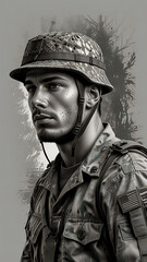 Obraz premium Powerful Black and White Portrait of a Determined Soldier in Full Military Gear
