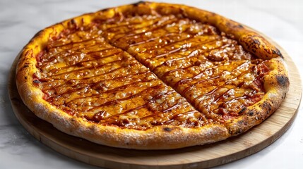Delicious homemade barbecue chicken pizza with a crispy crust topped with savory grilled chicken and sweet barbecue sauce on a round wooden board