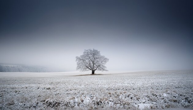 amazing landscape with a lonely snowy tree in a winter field minimalistic scene in cloudy and foggy weather