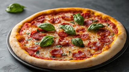 Delicious freshly baked pepperoni and basil pizza on dark slate surface with melted cheese and crispy crust, close-up view for food and comfort theme