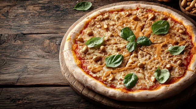 Delicious freshly baked cheesy chicken pizza with fresh basil leaves on a rustic wooden table perfect for casual dining and comfort food craving