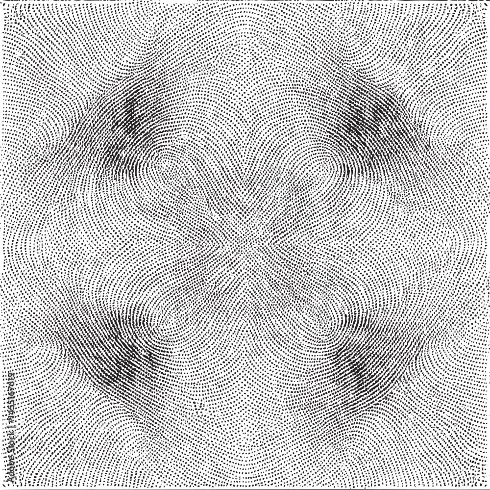 Poster a black and white abstract portrait emerges from a dense field of small overlapping dots.