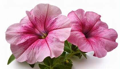 bouquet of two pink petunia flowers close up on a white isolated background