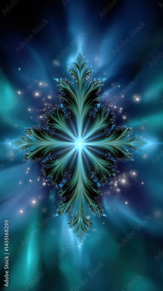 Poster abstract teal and blue fractal design featuring a symmetrical starburst pattern with light effects a
